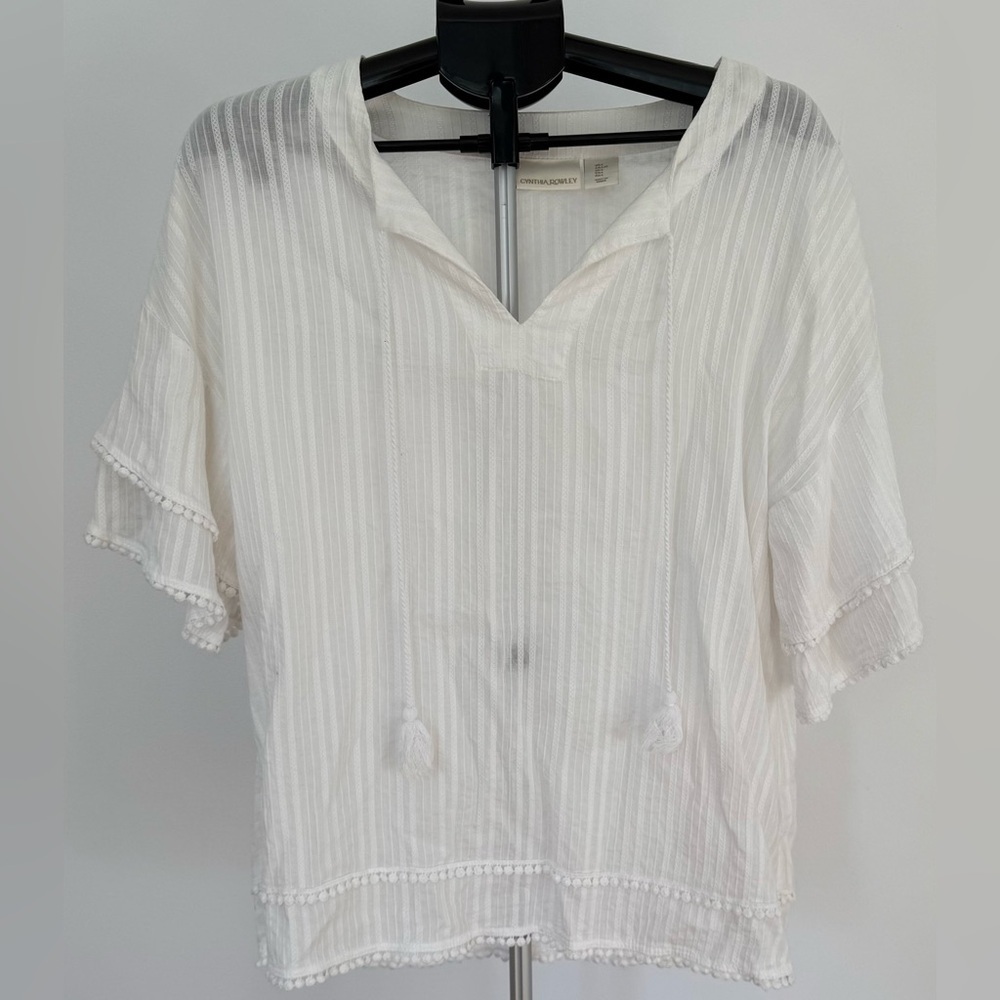 Cynthia Rowley White Sheer Striped Pom-Pom Trim Top | Size Large | Chic & Breezy